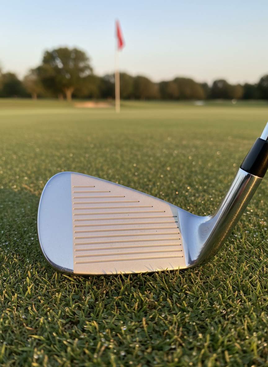 A close-up of a premium golf iron resting on short, manicured green turf, the club face turned slightly to reveal precision grooves, brushed chrome finish, and subtle cavity back detailing without emphasizing any brand logo. Soft late-afternoon natural light from the right creates a warm, realistic sheen on the metal and tiny highlights on individual grass blades. In the softly blurred background, a flagstick and distant tree line suggest a real course setting. Shot at eye level with a shallow depth of field, the composition places the iron along the rule of thirds for a balanced, professional, and trustworthy photographic look ideal for gear review content.