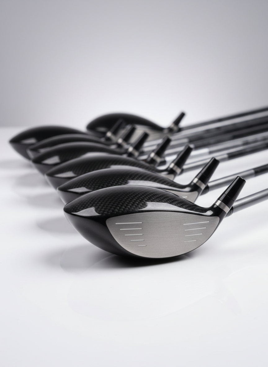 A meticulously arranged lineup of modern golf drivers resting on a pristine white studio surface, each club head facing forward to showcase distinct shapes, finishes, and brand markings without zooming in on logos. The carbon-fiber crowns, brushed titanium faces, and matte black hosels reveal subtle textures under soft, diffused studio lighting from above and slightly behind, creating gentle reflections along the curves. The background fades into a smooth light gray gradient with no distractions. Captured at a slightly elevated, three-quarter angle with moderate depth of field so the front driver is crisply in focus while the others recede in a tasteful blur, conveying a professional, unbiased comparison in clean, photographic realism.