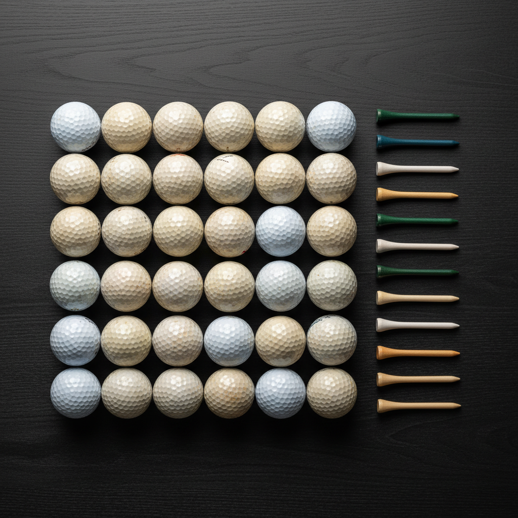 An overhead, flat-lay composition of assorted golf balls and tees arranged neatly on a dark charcoal wooden surface, showcasing different dimple patterns, cover textures, and subtle color variations between pure white, off-white, and matte finishes. Several tees of varied lengths and muted colors are aligned beside them, hinting at fitting and performance nuances. Soft, even studio lighting from above eliminates harsh shadows, emphasizing surface detail and creating a clean, modern aesthetic. The scene feels analytical yet approachable, with plenty of negative space around the objects. Captured in sharp photographic realism, the image suggests organized, unbiased testing and comparison in a professional review environment.